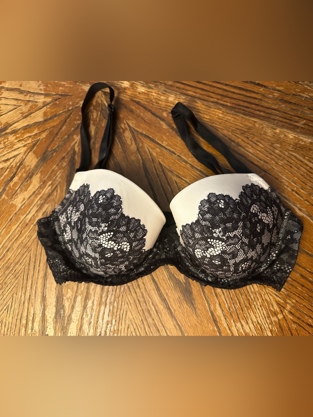 Victoria's Secret Black & Cream Lace Push-Up Bra with Floral Overlay